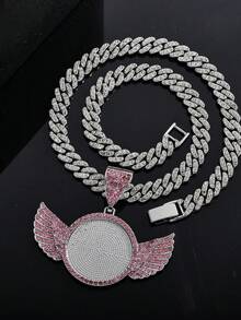 1pc Icy Angel Wing Photo Frame Pendant Necklace With Miami Cuban Chain, Rhinestone-Studded Angel Wing Custom Photo Cuban Link Necklace For Men, Shiny Statement Jewelry For Hip Hop Lovers, Commemorative Keepsake Jewelry, Can Put Your Favorite Photo - Fashion Angel Wings Photo Frame - View 9