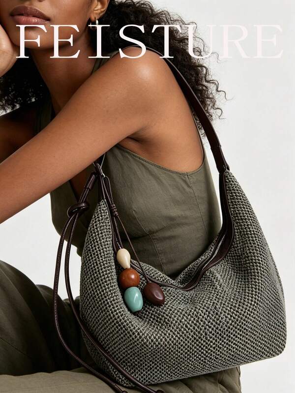 FEISTURE 1 pieza Bolso de media luna tejido con bloques de color para mujer, bolso de hombro de moda con adorno colgante, adecuado para niñas, mujeres, estudiantes universitarias, nuevas profesionales y trabajadores de cuello blanco, perfecto para el trabajo, los negocios, los desplazamientos y la escuela