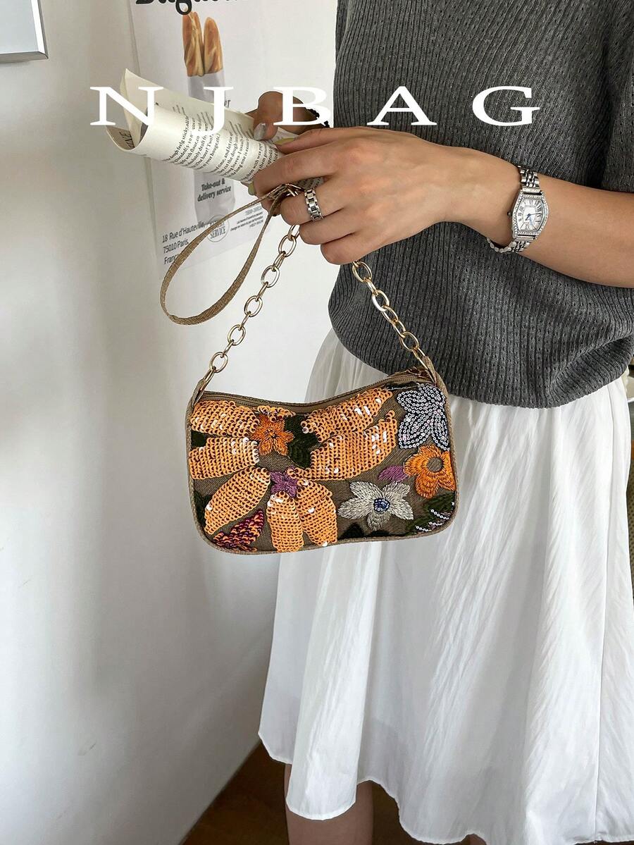 Mini Minimalist Chain Strap Solid Color Floral Pattern Shoulder Bag (Floral Position Randomly Varies)