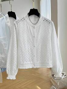 Women's White Openwork Embroidered Pilot Jacket With Long Sleeves And Baseball Collar, Made Of Lightweight Woven Fabric With A Sheer Finish Summer Top - White - View 1