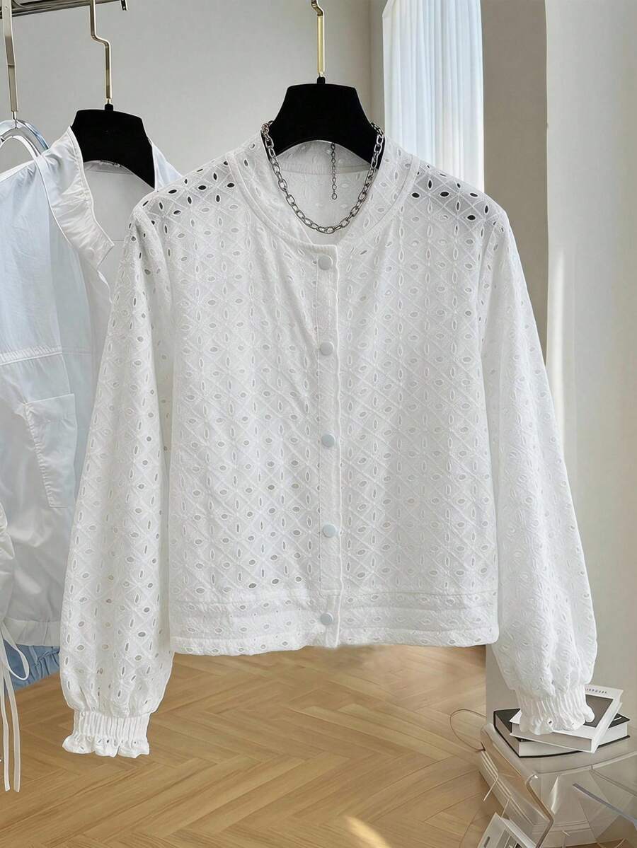Women's White Openwork Embroidered Pilot Jacket With Long Sleeves And Baseball Collar, Made Of Lightweight Woven Fabric With A Sheer Finish Summer Top - White - View 1