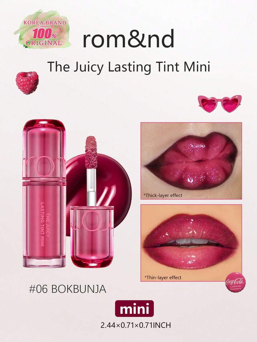 Rom&nd JUICY LASTING TINT MINI 06 BOKBUNJA,水润光泽妆效,保湿滋润,轻盈舒适,持久显色,不褪色,不粘杯设计,质地轻薄,迷你装,方便试用和旅行携带,送给朋友的完美礼物,适合新手,适合女性日常使用,韩妆,韩国彩妆,赠品 1克/0.04盎司 - 06 BOKBUNJA - 查看 1