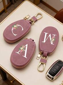 Unisex Multifunctional Key Pouch, Decorated With Fashionable Pink Flower And White 26 Letters A-Z Pattern, Zipper Keyring, Flower Pattern Design, PU Faux Leather Material, Zipper Storage Bag, Car Key Storage Pouch, Car Key Chain, Compact And Portable Key Pouch, Simple Design, Travel Accessory, Elegant Accessory, Suitable For Home, Office, Travel, Car, Unisex, Perfect Gift For Friends, Family, Couples, Anniversary, Birthday, Wedding, Graduation And Teacher's Day - Multicolor - View 4