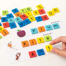 1 Set Wooden Letter Spelling Board Game, Picture-To-Word English Literacy Learning Toy For Toddlers, Letter Matching Hand-Eye Coordination Training Educational Tool - Multicolor - View 3