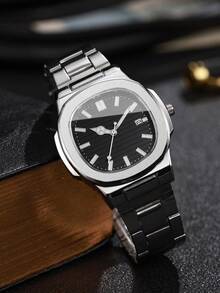 Men's Classic Fashion Square Striped Scale Calendar Dial Business Versatile Quartz Wristwatch, Gift For Boyfriend (1pc/Set) Watch Box Not Included - Silver - View 9