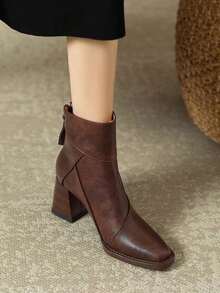 Women's Elegant Classic PU Leather Patchwork Chunky Heel Square Toe Back Zipper Ankle Boots, Comfortable Versatile Square Toe Back Zipper Slimming Fashion Boots, Suitable For Neutral Fashion Streetwear Vacation - Brown - View 4