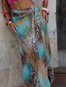 Summer Leopard Snake Zebra Mixed Print Wrap Long Skirt, Asymmetrical Ruffle Tie Waist Sheer Sarong Skirt, Beach Vacation, Date, Valentine's Day, Concert Nightclub Party Outing - Multicolor - View 6