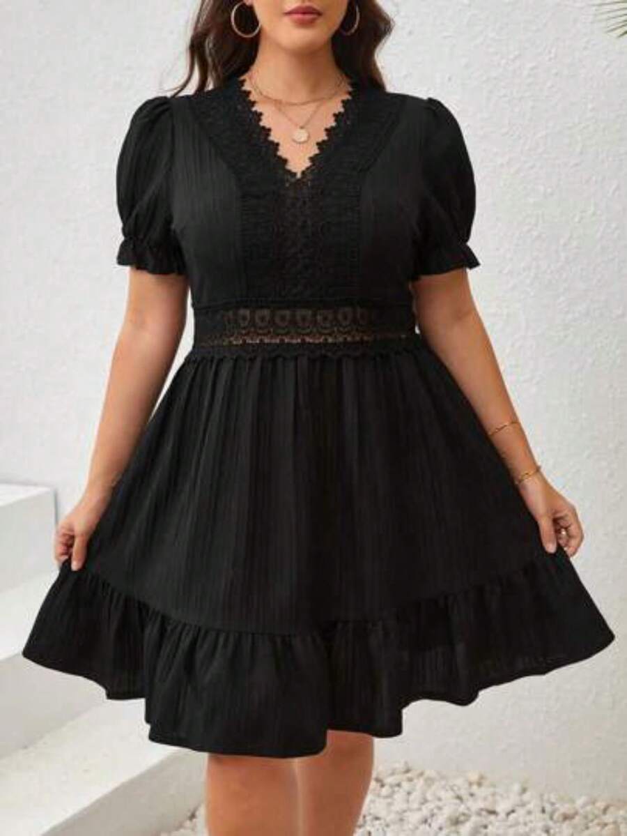 LunaCass8 VCAY Vestido De Verano Plus Con Encaje De Guipur, Inserción De Encaje En El Dobladillo Con Volantes - Negro01 - Ver 1