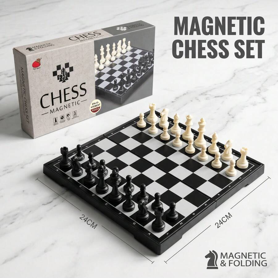 24cm 標準尺寸黑白棋盤,可折疊磁性西洋棋組,經典教育益智桌上遊戲,適合2人對弈,防水耐用便攜旅行棋禮物 - 黑與白 - 查看 1