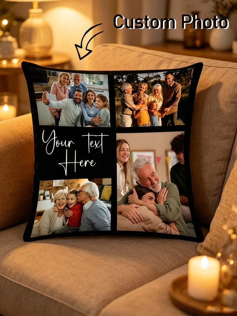 1pc Customized Photo Pillowcase - 4 Photos Plus Custom Text, High Definition Printing, Zipper Closure, Perfect For Sofa, Bedroom, Office, Etc., Ideal Gift For Family And Friends - Black and White - View 1