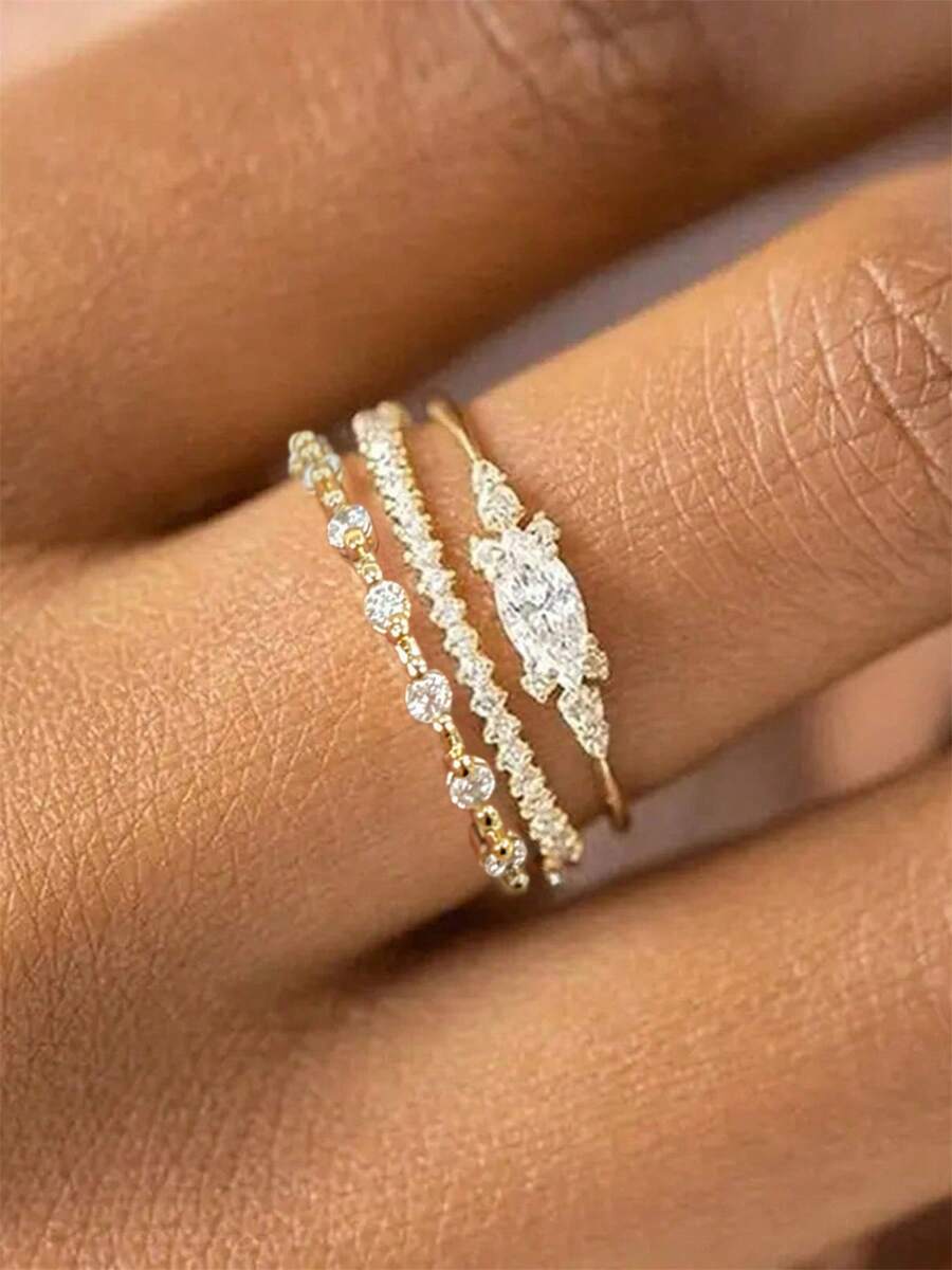 3pcs Set Luxurious Cubic Zirconia Stone Rings, Suitable For Women Wear, Ideal For Wedding, Engagement, Anniversary Party, Valentine's Day Gift - Yellow Gold - View 1