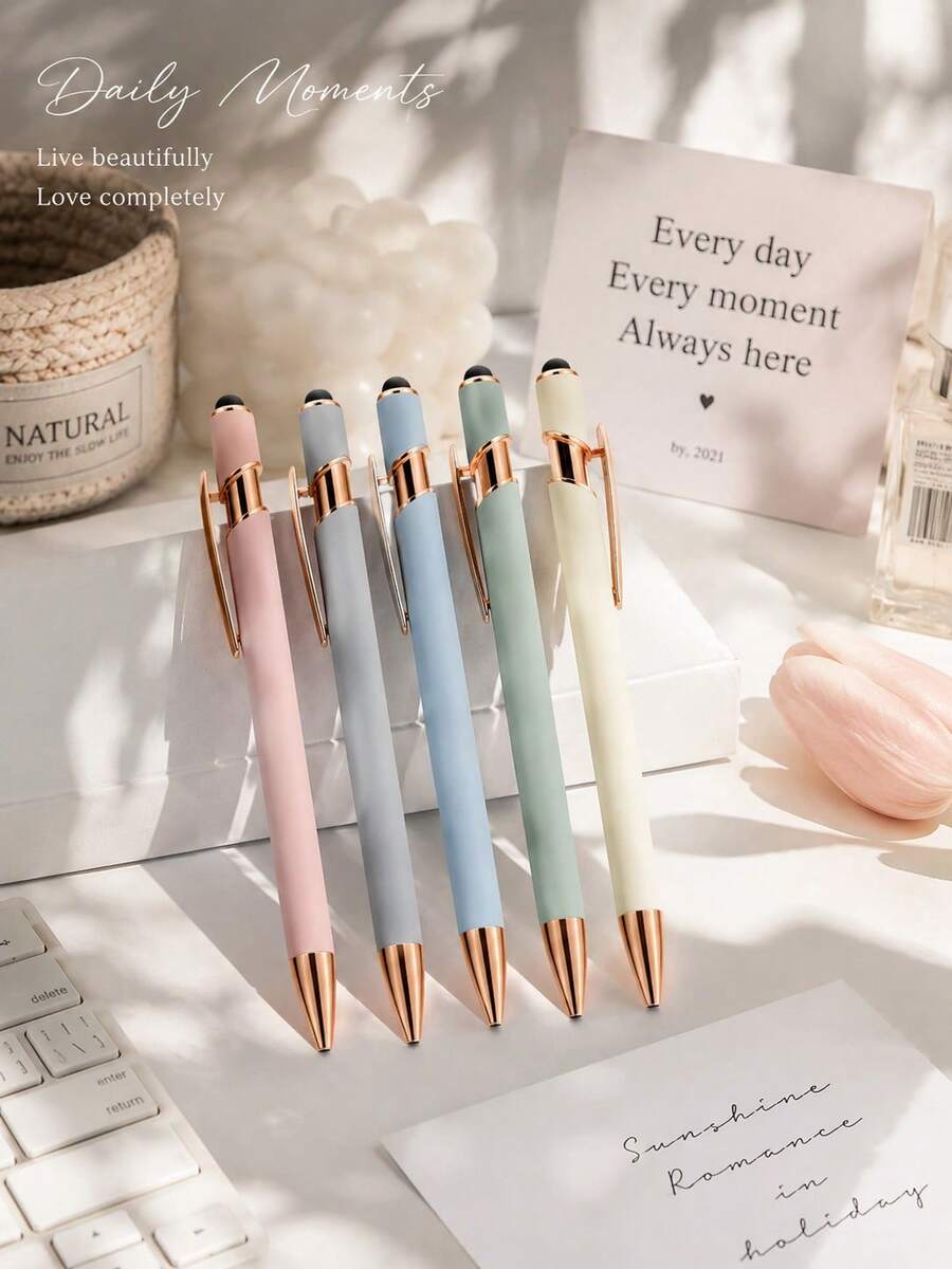 5pcs Aesthetic Macaron Color Touchscreen Stylus Pen Set, Elegant Rose Gold Clip Ballpoint Pens, Black Smooth Ink Retractable Cute Writing Pens, Suitable For Planner, Office Desk Accessories, School Graduation Gift, Party Decor And Space Decoration For Her - Multicolor - View 1