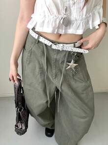 1件白色女款PU人造皮革龐克風復古雙排鉚釘設計鑲星百搭腰帶 - 白色 - 查看 3