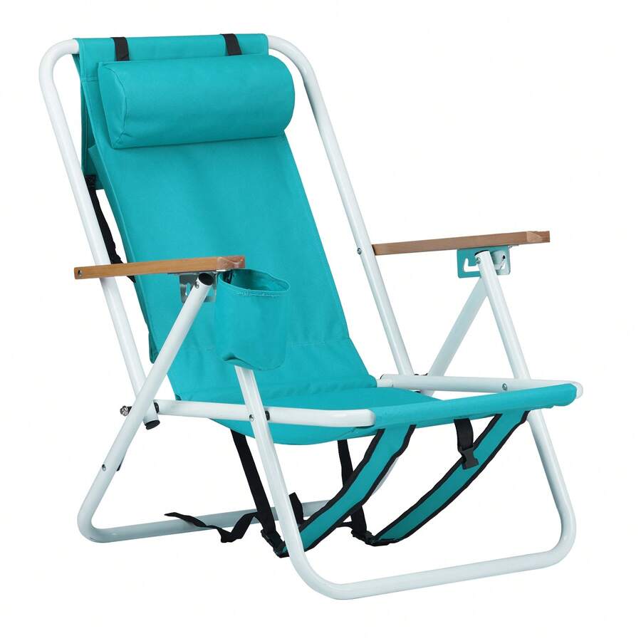 Folding Beach Chair, 4 Position Portable Backpack Foldable Camping Chair With Headrest Cup Holder And Wooden Armrests, Green - 1 - View 1
