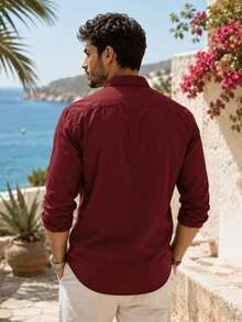 Camisa casual y versátil de unicolor para hombres - Burdeos - Ver 3
