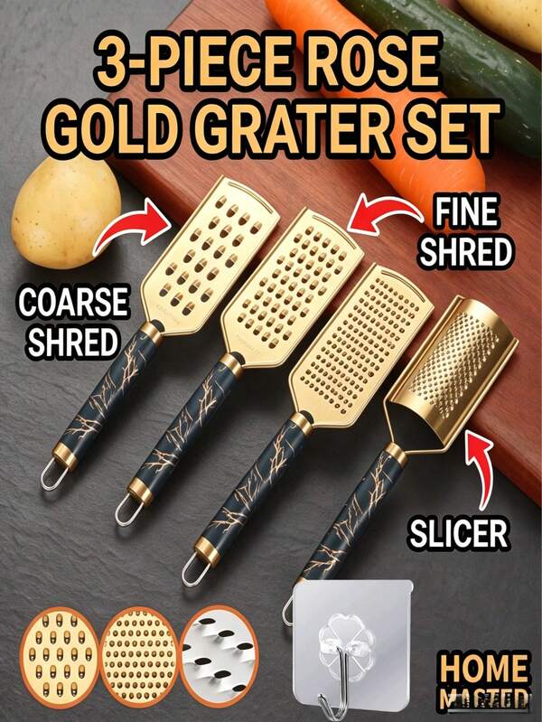 3pcs Rose Gold Stainless Steel Grater Set + Hook - Equipped With Ergonomic Marble Pattern Handle, Stainless Steel Grater, Potato Shredder, Stainless Steel Multi-Function Kitchen Radish Slicer Vegetable Cutter Grater Hand Protector, Suitable For Vegetables, Cheese, Fruit And Lemon, Suitable For Kitchen, Restaurant, Camping, Kitchen Gadgets, (Suitable For Cheese, Vegetables And Chocolate)