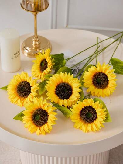 MEHELANY 6/3/1pc Yellow Artificial Sunflower With Green Leaves, Long Stem Faux Yellow Sunflower Bouquet, Suitable For Home Vase Arrangement, Wedding Table Centerpiece Decoration, Party Floral Decor, Living Room Tabletop Decoration, Farmhouse Style Interior Decor, Bridal Bouquet Making