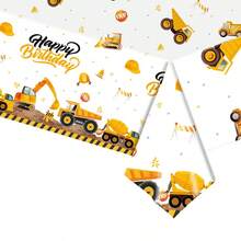 1pc Waterproof Thickened Plastic Dust-Proof Tablecloth, Industrial Engineering Style Yellow & Black Construction Vehicle Print, Rectangular Full-Size Flat Lay Design, Oil-Resistant Easy-To-Wipe Table Cover, Suitable For Engineering Theme Birthday Party, Team Building Gathering, Themed Party Table Decoration - A - View 9