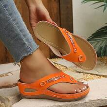 Women's Solid Color Rhinestone High Heel Flip Flops Beach Sandals For Summer Vacation - Orange - View 3