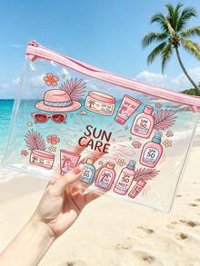 Bolsa de maquillaje con estampado "Protección Solar" de PVC, bolsa organizadora de viaje de PVC con cremallera - Bolsa de tocador de maquillaje ligera y resistente a la decoloración, compatible con TSA y portátil, fácil de limpiar; adecuada como regalo para maestros o amigos, también una bolsa de tocador esencial para viajes escolares y vacaciones, con función impermeable. - Multicolor - Ver 2