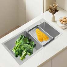 Stainless Steel Kitchen Sink Double Bowl Kitchen Sink With Drain Basket - Silver - View 3
