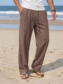 1pc Coffee Brown Faux Linen Men's Long Pants, Men's Vacation Long Pants, Men's Beach Pants, Comfortable And Versatile, Drawstring Elastic Waist, Casual Vacation Style, Machine Washable, Beach Vacation, Island, Beach Outing, Travel - Coffee Brown - View 3