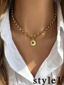 1 pieza Collar exquisito con estrella de cinco puntas con colgante de letra y colgante de cono, estilo vintage de alta gama, adecuado como un hermoso regalo festivo para mujeres - Dorado - Ver 4