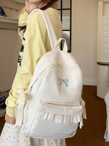 學院風蕾絲蝴蝶結後背包，青少年女孩日常上學包，休閒校園日常後背包，輕量多功能學生後背包 - 多色 - 查看 2