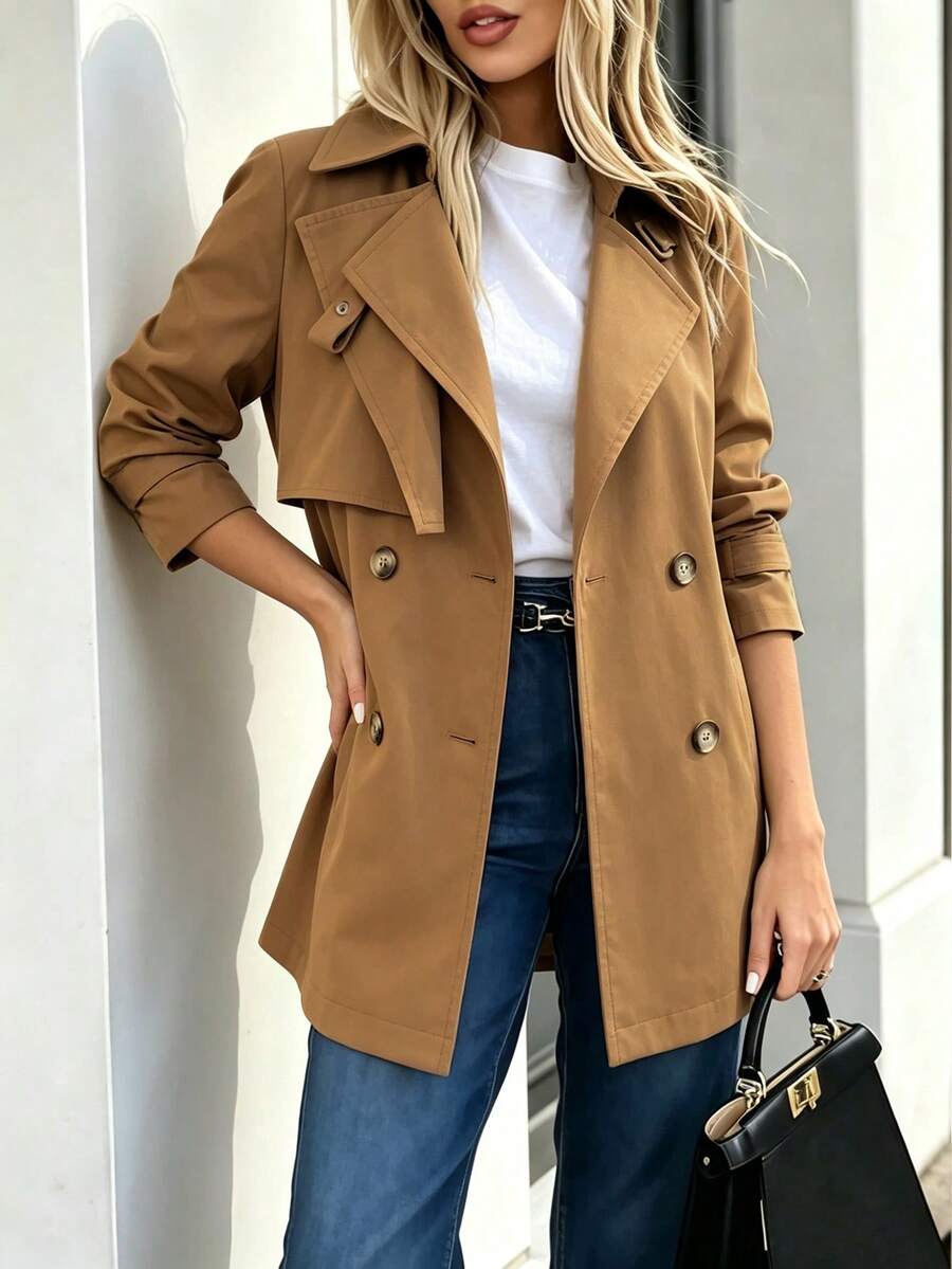 Autumn Essential Women's Brown Trench Coat With Regular Sleeves, Button ...