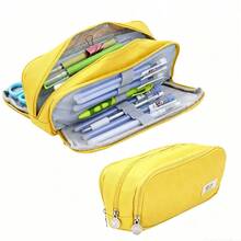 Large Capacity 3-Compartment Pencil Case, Pencil Pouch, Suitable For School, Teens, Girls, Boys, Men, Women - Bright Yellow - View 5
