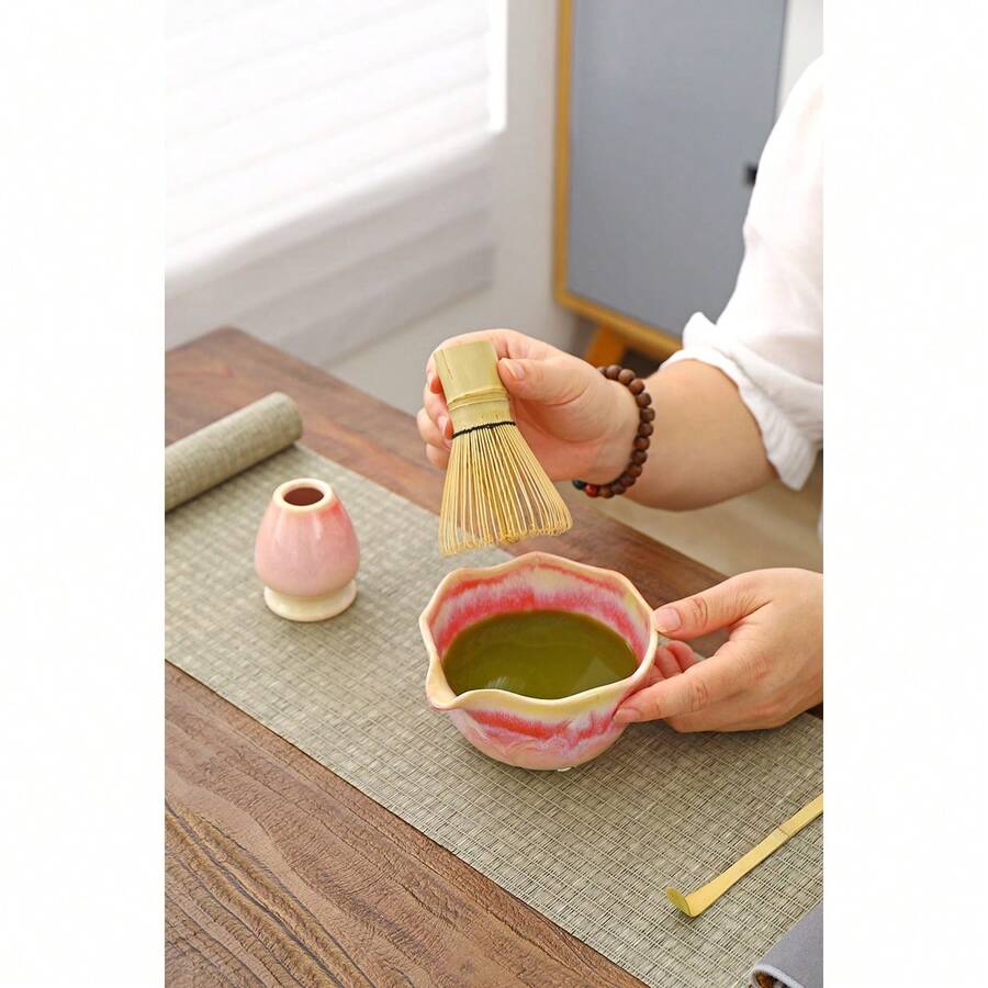 New Japanese-Style 6-Piece Matcha Set Featuring A Pink Cherry Blossom Design And A Pouring-Spout Bowl. - Multicolor - View 1