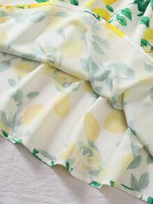 2pcs/Set Tween Girl Summer Fashion New Vacation Style Yellow Round Neck Sleeveless Crop Top And Lemon Print Skirt Set - Yellow - View 9