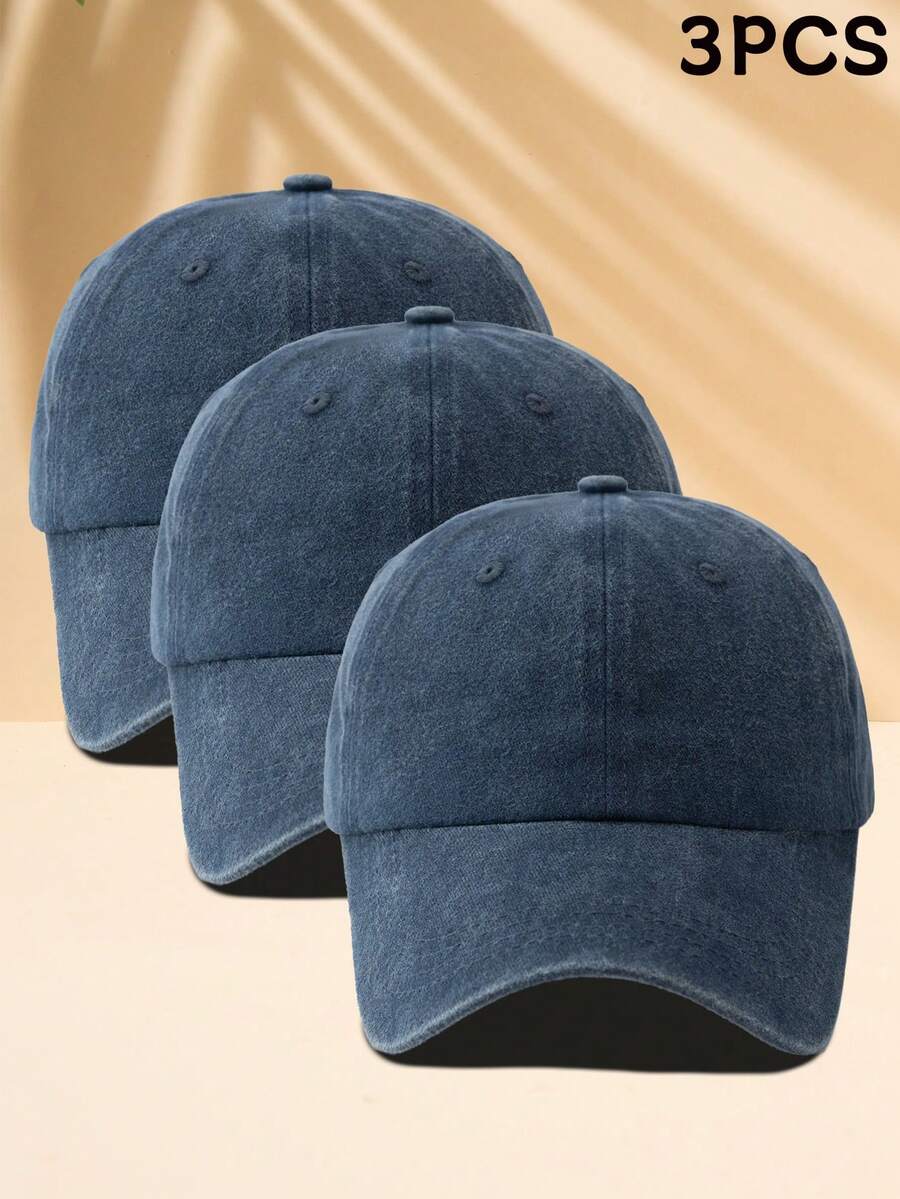 3pcs Unisex Solid Color Outdoor Casual Fashion Adjustable Washed Baseball Caps - 3 Pieces Navy Blue - View 1