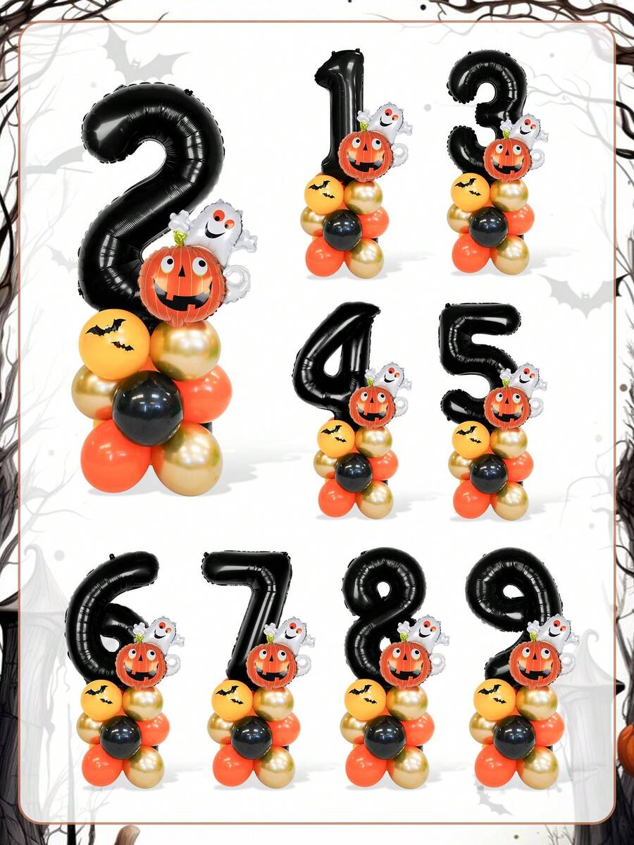 23pcs Orange And Black Birthday Number Balloon Column Set, Includes Black 1-9 Number Balloons, Black 3D Bat Stickers, Suitable For Halloween Theme Decoration, Birthday Decoration, Bat Party, Ghost, Trick Or Treat Theme, Indoor Outdoor, Photo Props - Multicolor - View 1