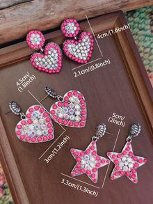 1 Pair American Western Style Rhinestone Heart & Star Earrings, Distressed Silver Vintage Stud Earrings, Niche Personalized Ear Jewelry - Earring - View 4