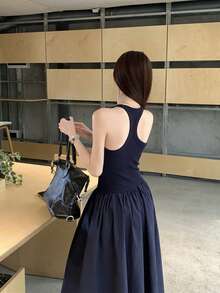 藏蓝色无袖吊带连衣裙，优雅法式风格，适合夏季女性 - 藏蓝色 - 查看 5