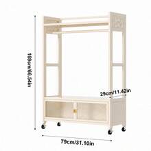 Super life Perchero de ropa con una rueda para colgar ropa, perchero de doble barra con almacenamiento de malla densa, marco de acero, blanco, perchero de verano, esencial para regreso a clases/viajes, decoración de habitación, decoración del hogar, decoración de dormitorio. - Multicolor - Ver 8