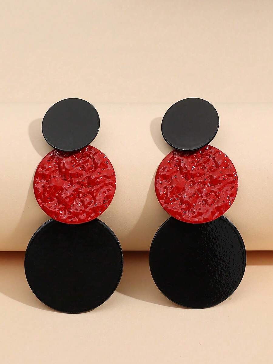1 Pair Round Embossed Earrings Suitable For Women's Daily Versatile Wear - Black, Red and Black - View 1