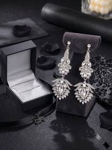 1 par de pendientes de novia largos con colgante exagerado de lujo totalmente de strass, joyería de oreja versátil de strass para fiesta de noche y vestido de boda - Multicolor - Ver 7