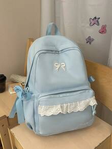 學院風蕾絲蝴蝶結後背包，青少年女孩日常上學包，休閒校園日常後背包，輕量多功能學生後背包 - 多色 - 查看 12