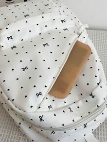 3-Piece Set Of Nylon Backpacks With Bow And Heart Print, Foldable Backpack With Multiple Large Capacity Pockets And Zipper, Suitable For Teenagers And Students - White 2 - View 8