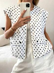 Women's Vintage Polka Dot Short Sleeve Sleeveless Vest Jacket, Small Round Neck, Fashionable And Versatile White Summer - White - View 5