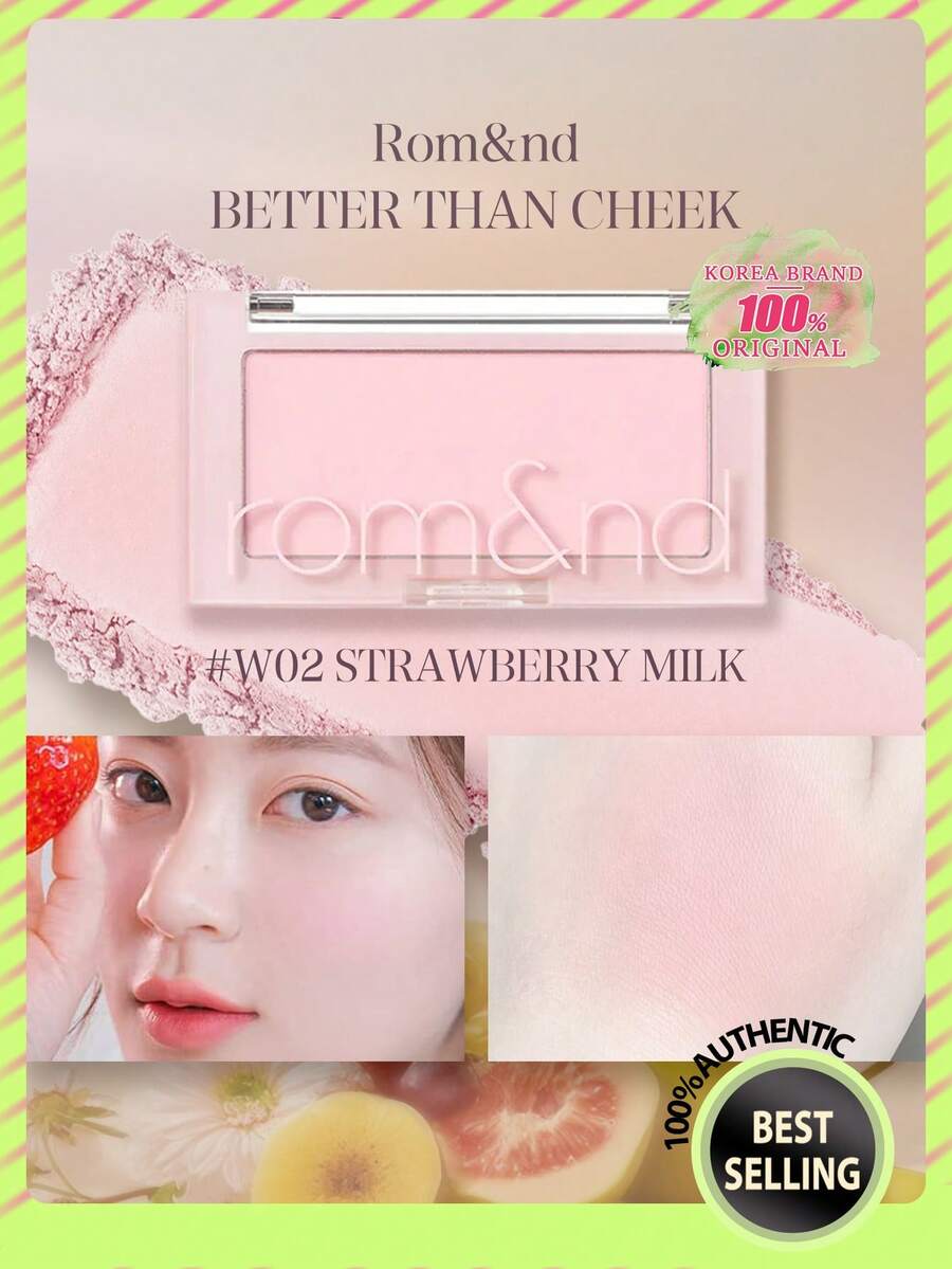 Rom&nd Romand BETTER THAN CHEEK W02 草莓牛奶 4g/0.14oz，柔霧絲絨啞光質地，控油舒適，適合乾性肌膚，日常易上妝腮紅，獨特壓紋外殼，適合新手，韓系美妝，Olive Young，禮物