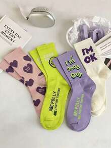 4 pares de calcetines de mujer surtidos al azar, nuevos calcetines deportivos de estilo callejero para primavera/verano, calcetines cómodos con letras - Multicolor - Ver 2