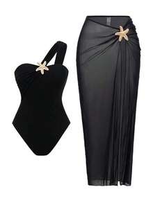 Conjunto de traje de baño de una pieza negro sexy con acento de estrella y falda para vacaciones en resort de playa de alta gama y moda de verano - Azul marino - Ver 2