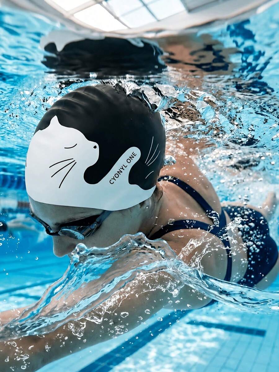 1 Stück professionelle Silikon-Badekappe für Frauen, wasserdicht, Ohrenschutz, Design für lange Haare, Erwachsenen-Großgrößen, nicht eng anliegend, modische Badekappe für Männer - Verschiedenfarbig - Übersicht 1