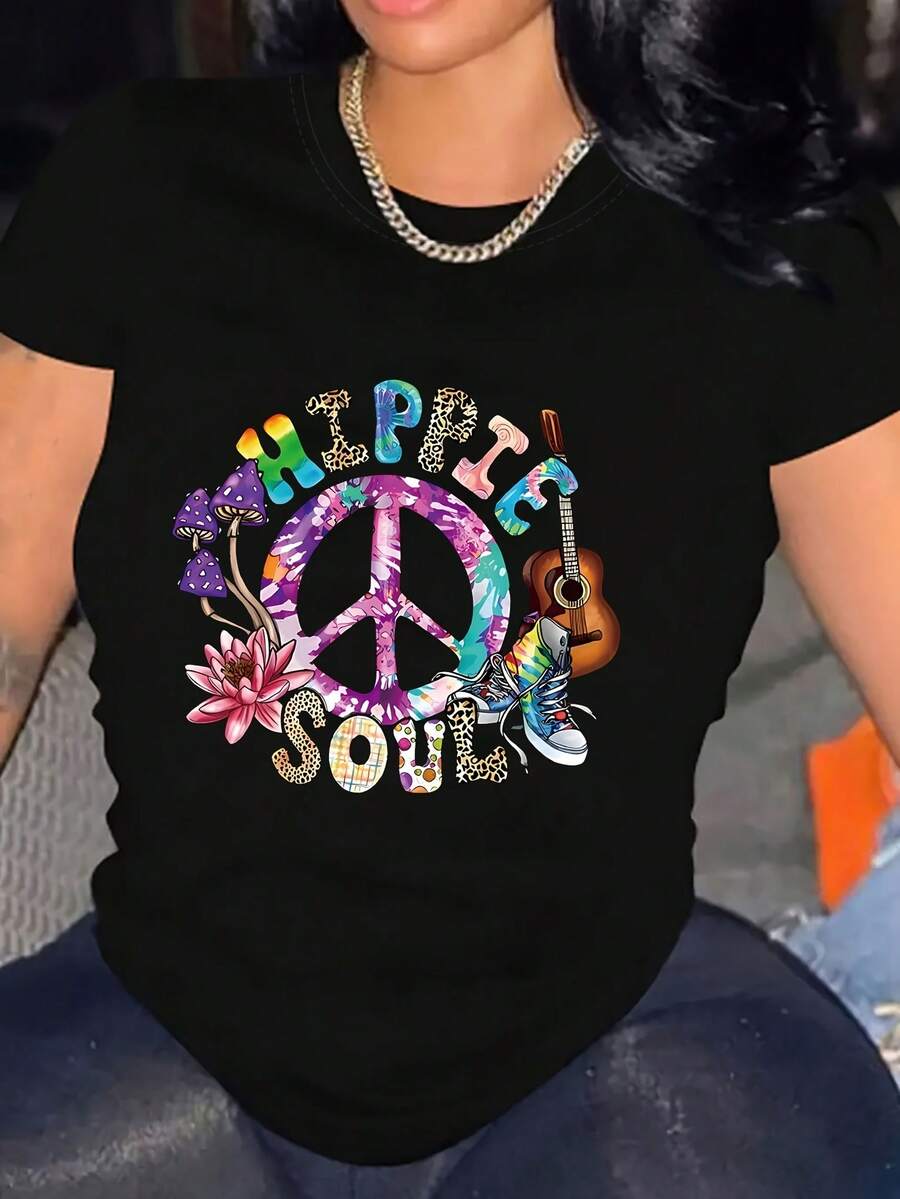 Camisa de mujer con estampado gráfico retro bohemio hippie, manga corta, cuello redondo, top informal para verano y primavera, prenda femenina, holgada y cómoda. - Atrás - Ver 1