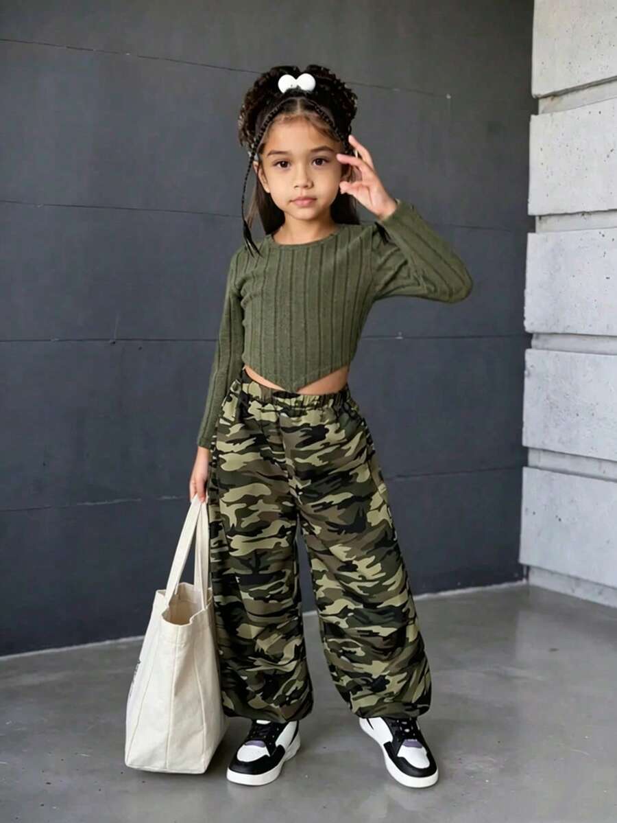 Girls' Sports Casual Long Sleeve Top And Camouflage Print Pants Set (2pcs)