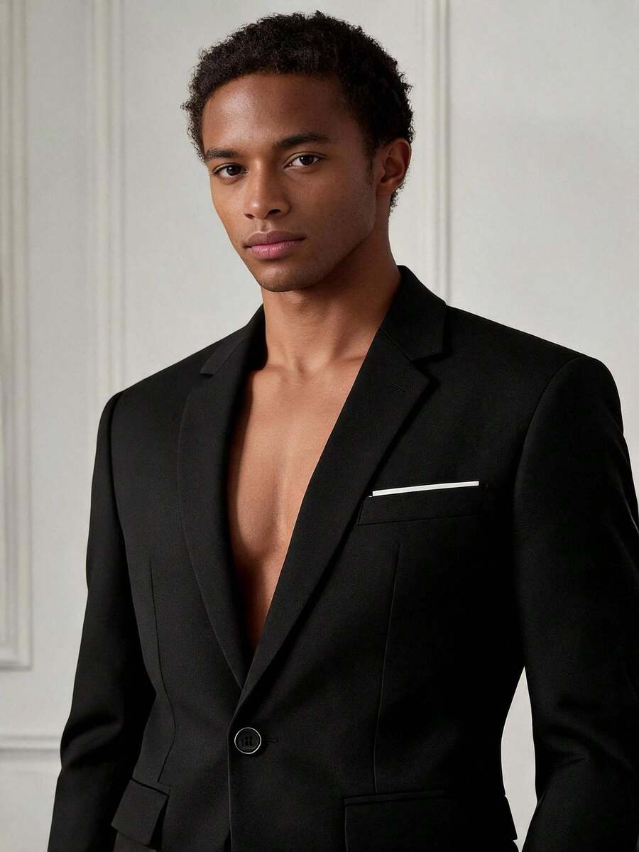 Men's Single-Breasted Notch Lapel Business Formal Blazer Jacket, Suitable For Weddings, Ceremonies, Holiday Events - Black - View 1