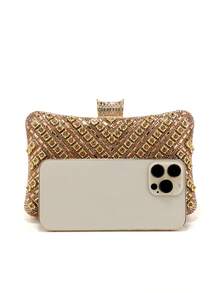 Handbag With Metal Handle, Evening Bag With Diamonds, Gold Wedding Clutch, Shoulder Bag With Chain, Small Handbag - Gold - View 5